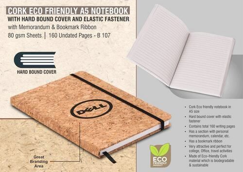 Rectangle B107 Cork Eco Friendly A5 Notebook With Hard Bound Cover And Elastic Fastener With Memorandum And Bookmark Ribbon