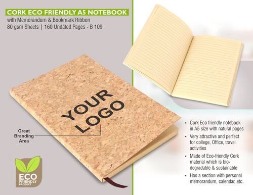 B109 Cork Eco Friendly A5 Notebook With Memorandum And Bookmark Ribbon