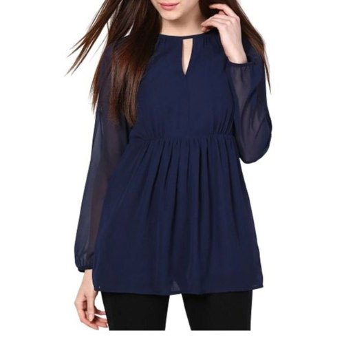 प्लेन सिंपल एलिगेंट और स्टाइलिश लुक वाली फुल स्लीव कैज़ुअल वियर लेडीज़ नेवी ब्लू कॉटन टॉप