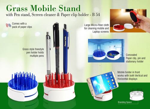 B54 a   Grass Mobile Stand With Pen Stand, Screen Cleaner and Paper Clip Holder