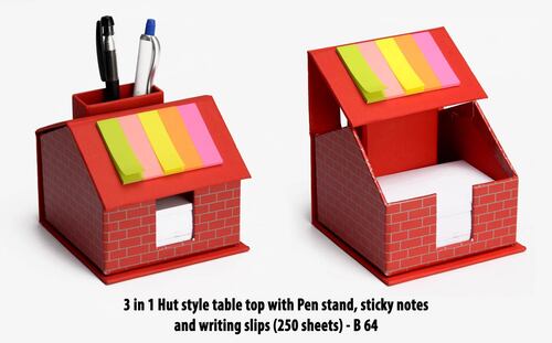 B64 a   3 In 1 Hut Style Table Top With Pen Stand, Sticky Notes And Writing Slips (250 Sheets)