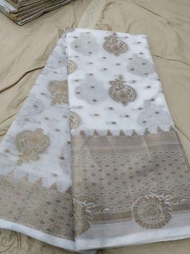 Comfortable White Printed Designer Stylish Women Banarasi Saree For Casual Wear