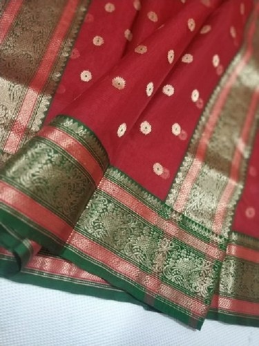 Chanderi Cotton Traditional Saree - Printed Design with Blouse Piece, Red and Green Art Silk for Party Wear in Summer