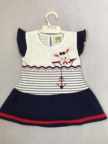 Washable Blue Casual Wear Round Neck Printed Short Sleeve Cotton Baby Frocks For Kids