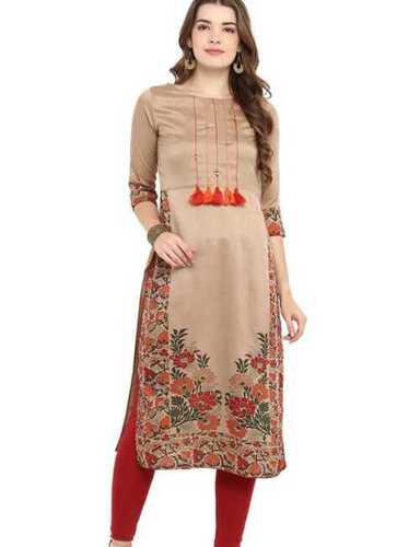 Brown Casual Wear Round Neck 3/4Th Sleeve Printed Silk Ladies Kurti