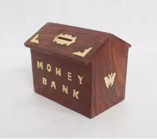 Medium Size Wooden Body Hut Shaped Dark Brown Handicraft Money Box 