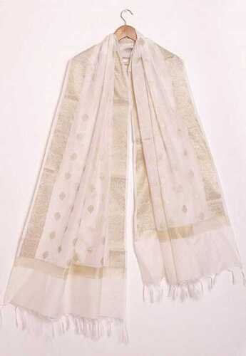 Indian Plain Cotton Dupatta For Daily Wear And Festive Wear Occasion, White Golden Color