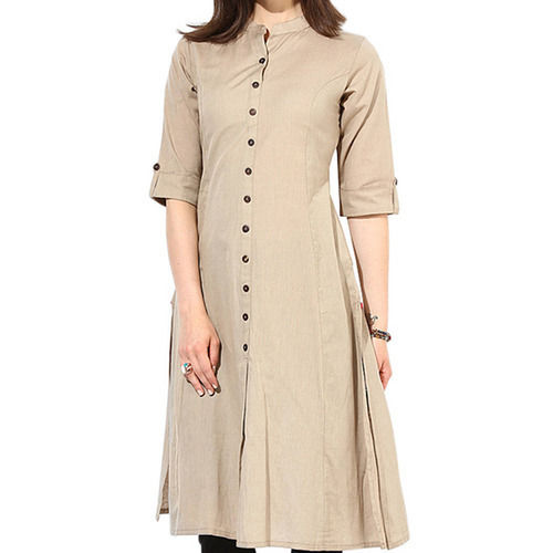 Washable Cotton Linen 3-4Th Sleeve Plain Brown Fancy Ladies Kurti For Casual Wear