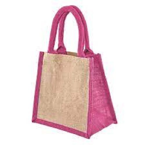 Pink And Brown Multi Color Reusable Plain Pattern Jute Bag For Shopping Use 