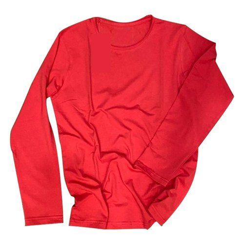 Cotton Plain Red Casual Wear Round Neck Full Sleeve T Shirts For Men 