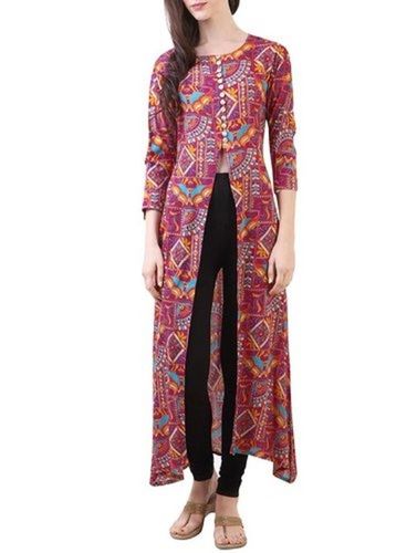 Brown Cotton Round 3-4Th Sleeve Colourful Designer Ladies Kurti For Casual Wear