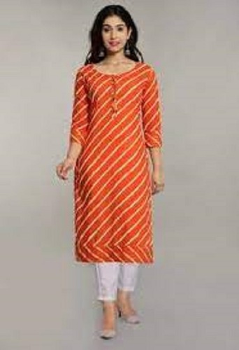 Comfortable White And Orange 3/4th Sleeves Ladies Fancy Kurti