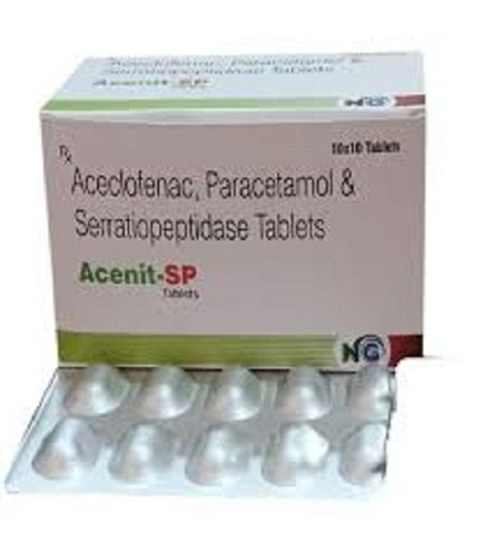 Aceclofenac Serratiopeptidase Paracetamol Tablets - 50 Tablets, White Color, Antibiotic Medicine for Hospital and Clinic Use, Dosage with Warm Water, Store in Cool Place