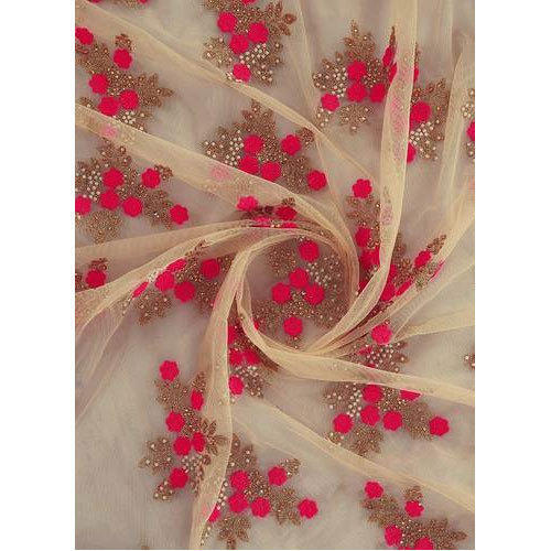 Elegant And Designer Embroidered Golden Red Net Fabric For