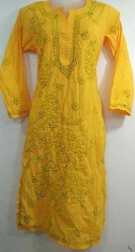 Breathable 3/4th Sleeves Casual Wear Embroidered Yellow Cotton Chikan Kurti