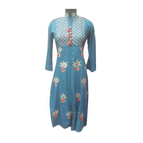 Breathable Blue Casual Wear Embroidered Full Sleeve Cotton Kurti For Ladies Decoration Material: Beads