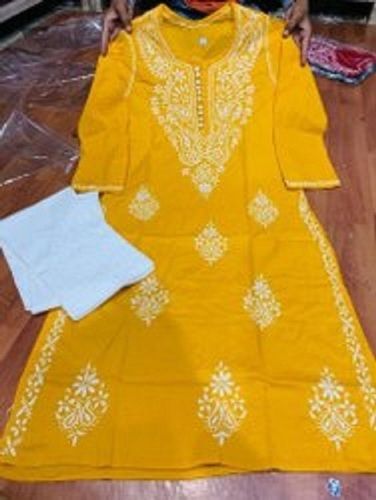 Casual Wear 3/4th Sleeves Yellow With White Embroidered Cotton Kurti