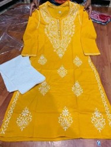 Breathable Elegant Stylish Look And Beautiful Round Neck Yellow Chikan Kurtis For Ladies