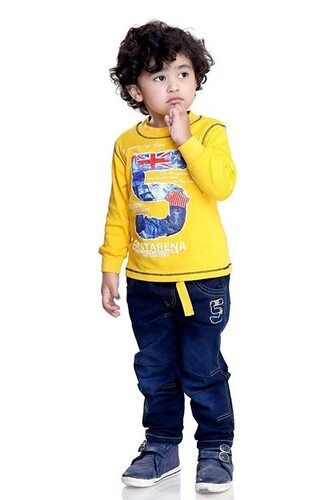 Yellow And Blue Kids Washable Breathable Smooth Printed Full Sleeves Stylish Comfortable T-Shirt