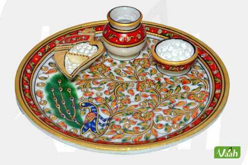 Multicolored Beads Decoration Marble Pooja Thali For Pooja And Gifting Purpose