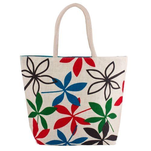 White Zip Closure Flower Printed Jute Bag