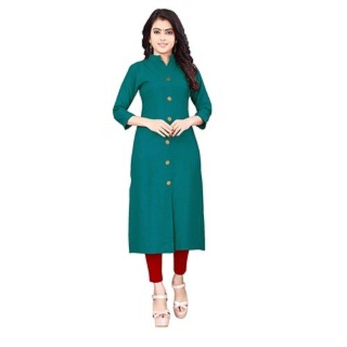 Ladies 3/4 Sleeves Stylish And Elegant Look Fancy Plain Green Cotton Kurtis  Bust Size: 15 Inch (In)