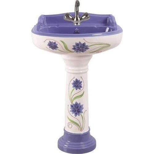 White Round Shape Glossy Finish Flowery Print Beautiful Wash Basins With Steel Taps