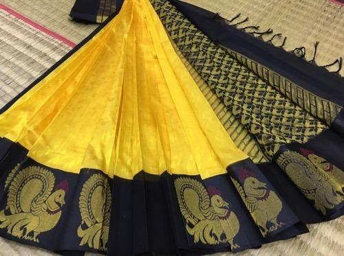 Summer Bhuvanagiri Handlooms Border Yellow And Black Traditional Elegant Beautiful And Breathable Silk Cotton Saree