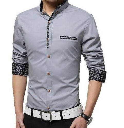 Men Breathable Skin Friendly Full Sleeves Soft Cotton Party Wear Plain Gray Shirt  Collar Style: Classic