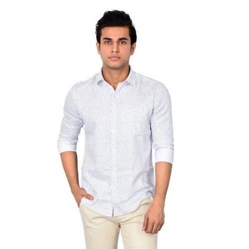 Men Full Sleeve Skin Friendly Breathable Printed Causal Wear White Shirt