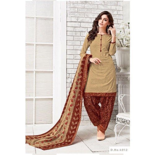 Indian Women Round Neck Full Sleeves Comfortable Red And Brown Printed Cotton Suit