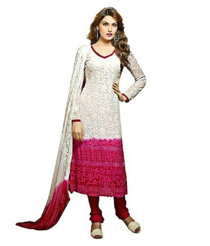 भारतीय महिलाओं के वी नेक फुल स्लीव्स सांस लेने योग्य सफेद और गुलाबी कॉटन प्रिंटेड सूट
