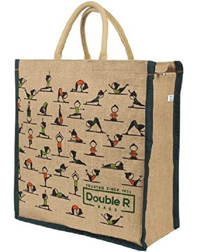 Biodegradable Eco Friendly Easy To Carry And Reusable Yoga Printing Jute Bags - Jute Material Lightweight Brown Color | Customized Weight Patch Handle for Shopping & Promotional Use