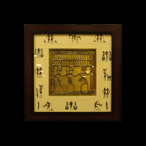 Light Weight Dokra Craft Tribal Art Plaque In Hand-Painted Wooden Frame Application: Decoration