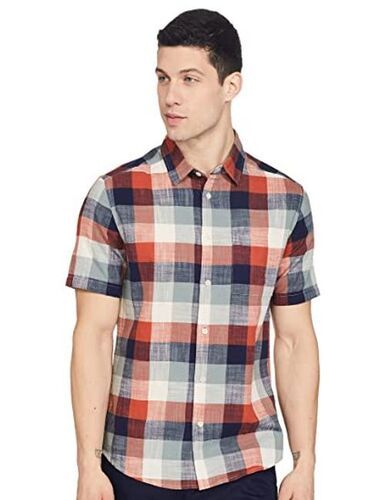 Washable Stylish Fashionable Men'S Cotton Regular Fit Short Sleeve Big Checks Shirt