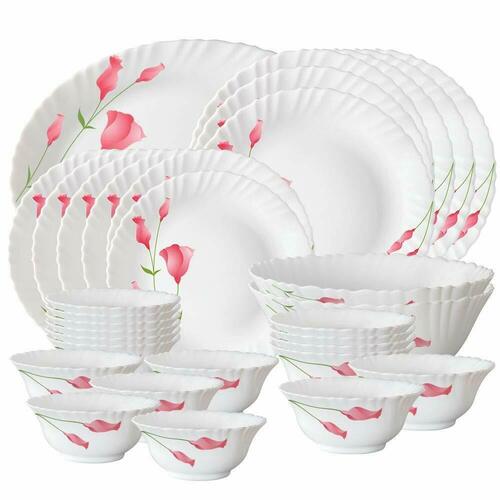 Metal  Round Shape 27 Piece Borosil White Larah Diana Opalware Dinner Set 