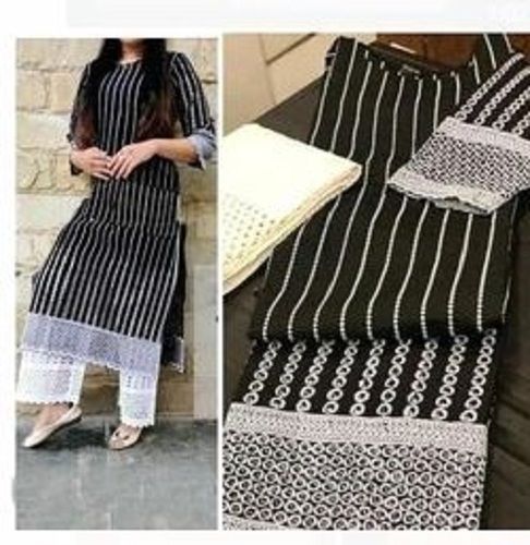  Quick Dry Casual Wear Black And White Cotton Short Sleeves Trendy Chikankari Kurti Palazzo Suit  Decoration Material: Laces