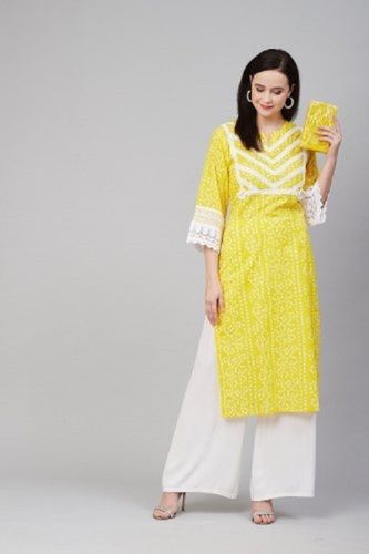 Breathable Ladies Party Wear Stylish Stunning Look 3/4 Sleeves Yellow Cotton Fancy Kurti 