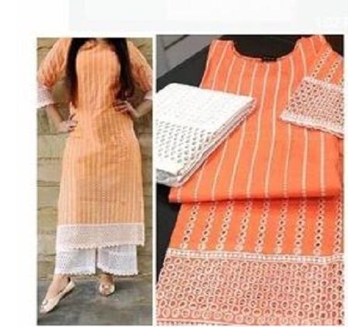 Orange Color 3/4 Sleeves Washable And Comfortable Cotton Chikankari Palazzo Suit