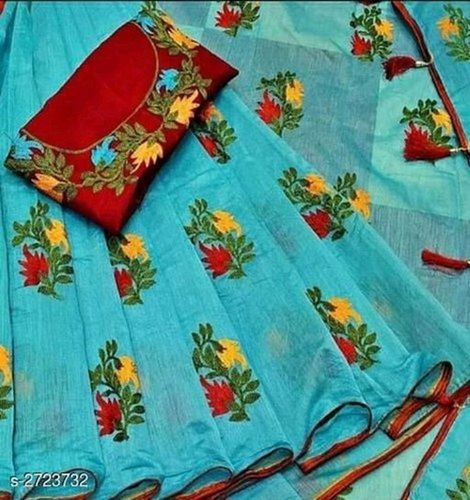 Sky Blue Party Wear And Breathable Stylish Look Cotton Saree With Blouse Piece