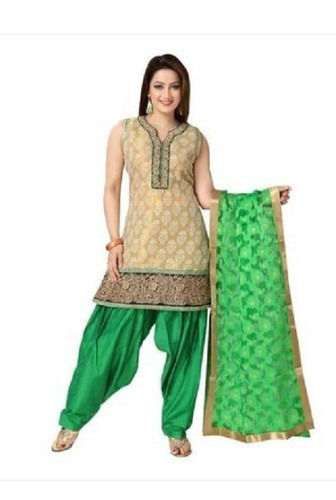 Indian Sleeveless V- Neck Green Color With Dupatta 100% Cotton Fabric Designer Ladies Suit 