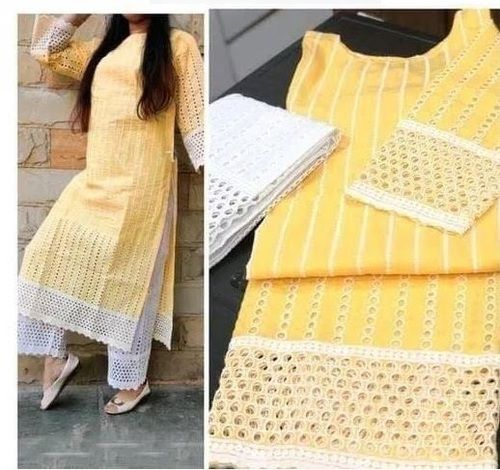 Casual Wear Yellow Cotton Short Sleeves Trendy Chikankari Kurti Palazzo Suit  Decoration Material: Laces