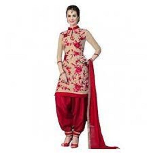 :Women 3/4 Sleeves Skin Friendly Beautiful Printed Cotton Red And Cream Suit