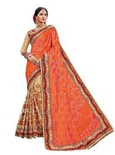 Ladies Comfortable And Breathable Beautiful Orange Printed Silk Saree