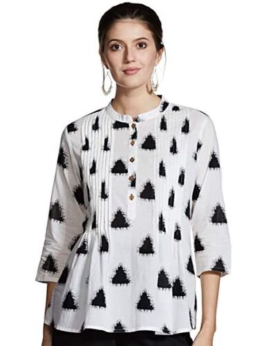 Stylish Fashionable And Comfortable Women'S Cotton Regular Short Kurti - Cotton, Sizes: L, M, XL, XXL, Color: White | Dry Cleanable, Washable, Mega Sleeve Style, Hand Block Printed Design