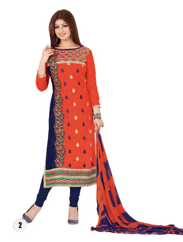 Orange With Blue Comfortable Beautiful Look Round Neck Three-Quarter Sleeves Fashionable Designer Cotton Ladies Suit