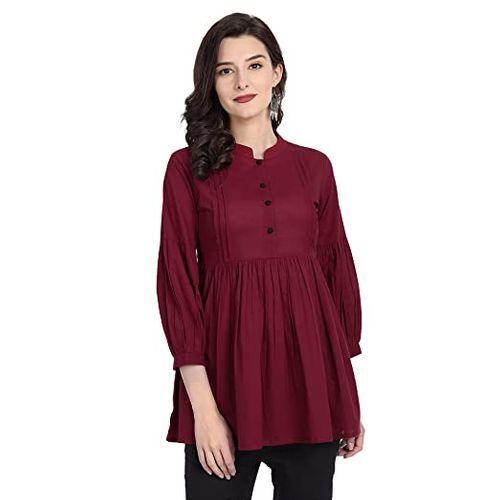 Perfect Fit Good Plain Maroon Three Quarter Sleeves Round Neck Cotton Casual Women'S Top