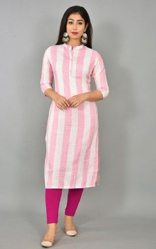 Women Comfortable And Breatahble Full Sleeves Pink White Casual Kurti 