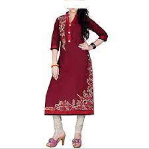 Quick Dry Women Elegant Look Light Weight Collar Neck 3/4Sleeves Red Embroidered Cotton Kurti