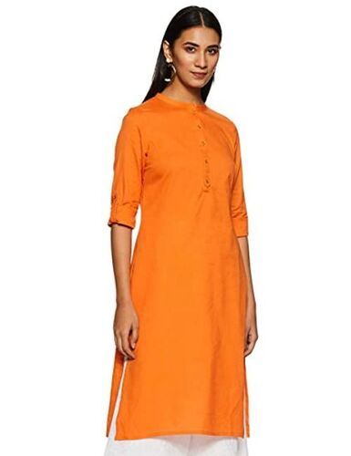 Orange Casual Wear Regular Fit 3/4 Sleeve Plain Cotton Silk Kurti For Women